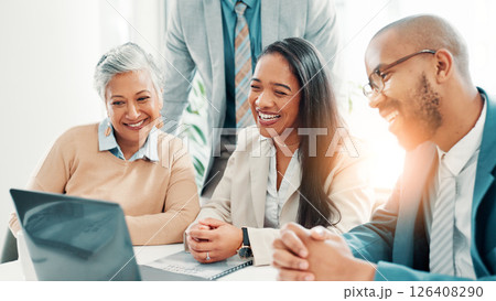 Laptop, smile and video call with business people in office together for collaboration or planning. Computer, teamwork and virtual meeting with employee group in corporate workplace for discussion 126408290