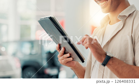 Choice, customer or hands with tablet in dealership for car insurance, purchase agreement or client application. Vehicle report, showroom and man with automobile history, options or digital signature 126408331