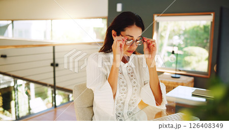 Thinking, author and woman with glasses, home and serious for novel in office, remote work and creative. Contemplating, writer and mature person with eyewear in house, calm and ideas for literature Thinking, author and woman with glasses, home and serious for novel in office, remote work and creative. Contemplating, writer and mature person with eyewear in house, calm and ideas for literature 126408349