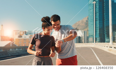 Happy team, fitness and checking watch with performance tracker for workout results in city street. Man, woman or runners with smile or wristwatch for health, calories or exercise goals in urban town 126408350