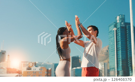 Runner, couple and high five celebration in city for marathon success, fitness teamwork or achievement. Mockup, interracial people and happy outdoor for cardio challenge, running exercise and support 126408370