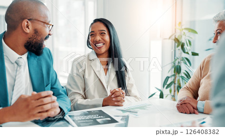 Teamwork, meeting and smile with business people in office for project proposal, account advisor and planning. Budget adviser, company treasurer and brainstorming with employees for revenue review 126408382