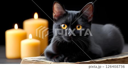 A captivating black cat with striking yellow eyes relaxes elegantly in a warm ambiance lit by glowing candles, adding a mysterious charm to the cozy atmosphere. 126408736