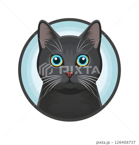 A charming illustration of a black cat's face with vivid blue eyes, set against a circular backdrop 126408737