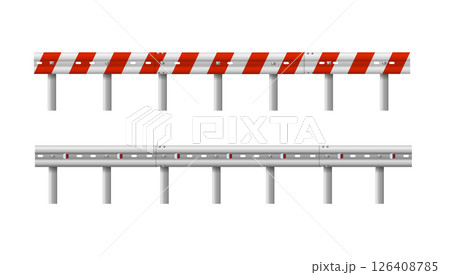 Metallic road barrier fence. 3d roadblock for safety on highway. Metallic road barrier fence. Vector Metallic road barrier fence. 3d roadblock for safety on highway. Metallic road barrier fence. Vector 126408785