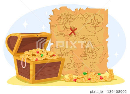 Chest with gold coins and gems. Corsair treasure map are discovered. Ancient paper scroll. Precious gemstones. Ragged parchment. Fabulous wealth location. Wooden box. Vector concept 126408902
