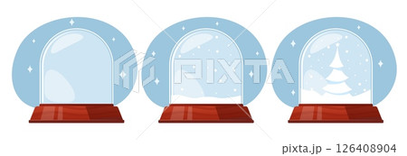 Christmas crystal snow globe. Snowfall and snow covered Xmas tree. Empty glass snowglobe. Winter snowflakes. Holiday celebration gift. New Year decoration. Vector holiday souvenirs set Christmas crystal snow globe. Snowfall and snow covered Xmas tree. Empty glass snowglobe. Winter snowflakes. Holiday celebration gift. New Year decoration. Vector holiday souvenirs set 126408904