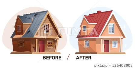 Country house before or after renovation. Residential building repair. Architecture improvement. Real estate. Home maintenance. Roof and windows fix. Property transform. Vector concept 126408905