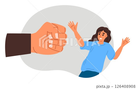 Domestic violence and abuse. Woman frightened by man fist. Family conflict. Assault or psychological bullying. Rapist hands. Overwhelming pressure. Suffer from aggression. Vector concept 126408908