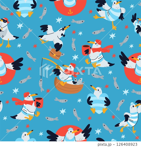 Fun cartoon seagulls seamless pattern. Seabird flying. Marine birdie with coffee cup. Fish on seawater. Happy water animal character with hat and scarf. Sailor costume. Vector background 126408923