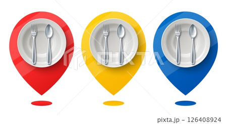 Geo icon with plate and cutlery. fork and spoon on dish. Restaurant location. Realistic tableware. Cafe destination. GPS navigation. Travel direction. Roadmap route. Vector map pins set Geo icon with plate and cutlery. fork and spoon on dish. Restaurant location. Realistic tableware. Cafe destination. GPS navigation. Travel direction. Roadmap route. Vector map pins set 126408924