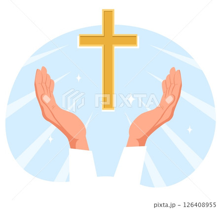 Hands in white robes with Catholic and Orthodox cross. Crucifix worship. Arms in pray gesture. Jesus church. Spiritual faith in God. Crucifixion symbol with light rays. Vector concept Hands in white robes with Catholic and Orthodox cross. Crucifix worship. Arms in pray gesture. Jesus church. Spiritual faith in God. Crucifixion symbol with light rays. Vector concept 126408955