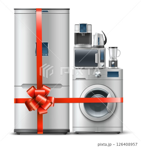 Household appliances. Refrigerator and microwave oven with gift ribbon. Red tied bow. 3D washing machine. Shopping present. Electric kettle or coffee maker. Vector house equipment sale Household appliances. Refrigerator and microwave oven with gift ribbon. Red tied bow. 3D washing machine. Shopping present. Electric kettle or coffee maker. Vector house equipment sale 126408957
