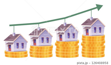Houses stand on gold coins. Home prices rising. Real estate costs growth. Property value. Money stacks and arrow. Financial diagram. Banking mortgage rate progress chart. Vector concept Houses stand on gold coins. Home prices rising. Real estate costs growth. Property value. Money stacks and arrow. Financial diagram. Banking mortgage rate progress chart. Vector concept 126408958