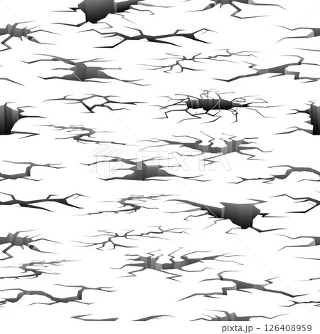 Large and small cracks in ground. Asphalt or dirt road splits seamless pattern. Repeated print. Earthquake damaged surface. Destruction cleft. Floor fissures and holes. Vector background Large and small cracks in ground. Asphalt or dirt road splits seamless pattern. Repeated print. Earthquake damaged surface. Destruction cleft. Floor fissures and holes. Vector background 126408959