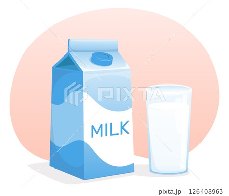 Large milk carton package and glass of poured dairy. Liquid yogurt pack. Cardboard box. Closed packet. Calcium nutrition. Food packing. Drink cream and kefir liter bottle. Vector concept 126408963