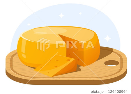 Large piece yellow cheese with slice cut off lies on wooden cutting board. Dairy food. Delicious snack chunk. Gourmet product. Cheddar and parmesan appetizer on timber desk. Vector concept 126408964