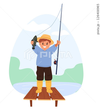 Little boy caught fish in pond with fishing rod. Happy kid standing at pond pier. Child with angler and perch. Fisherman in nature. Fishery tackle. Carp angling from bridge. Vector concept 126408965