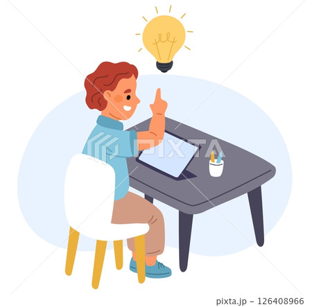 Little boy doing his homework. Student has idea for answers. Kid sitting at table. Child studying with laptop tablet. Insight lightbulb lamp. Schoolboy learning in class. Vector concept 126408966