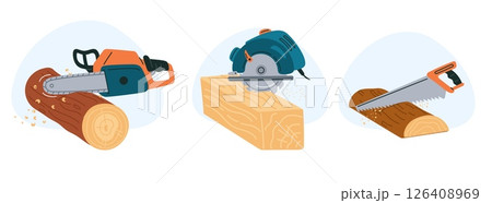 Lumberjacks or carpenters tools. Building or repair. Industrial chainsaw. Electric saw. Wood hacksaw. Electric saw. Chopping boards. Wooden material cutting. Woodcutter equipment vector set Lumberjacks or carpenters tools. Building or repair. Industrial chainsaw. Electric saw. Wood hacksaw. Electric saw. Chopping boards. Wooden material cutting. Woodcutter equipment vector set 126408969