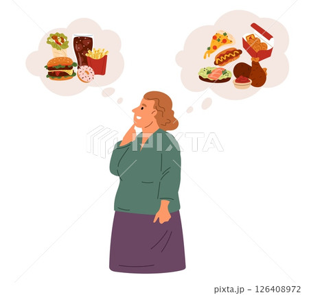 Obese woman reflects on junk food and fasfood. Unhealthy nutrition. Thoughtful female with obesity. Fat girl thinking about burger and pizza. Overweight hungry person. Vector concept 126408972