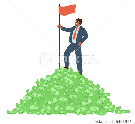 Rich businessman with gold and money mountain. Business achievement. Dollar banknotes rock. Cash currency heap. Finance success. Billionaire wealth. Man reaches goal. Vector concept Rich businessman with gold and money mountain. Business achievement. Dollar banknotes rock. Cash currency heap. Finance success. Billionaire wealth. Man reaches goal. Vector concept 126408974