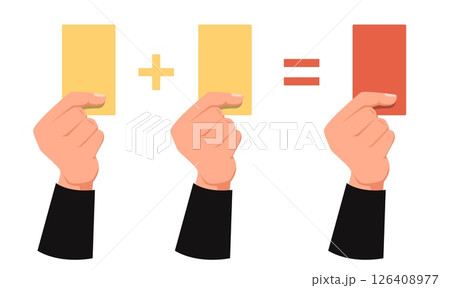 Soccer referee gives one red card for two yellow cards. Infringement rule. Match judge. Game fouls calculation. Football punishment at competition. Disqualification signals. Vector concept Soccer referee gives one red card for two yellow cards. Infringement rule. Match judge. Game fouls calculation. Football punishment at competition. Disqualification signals. Vector concept 126408977