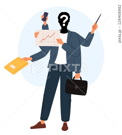 Anonymous multitasking businessman. Unknown man with question mark on head. Successful business person with lots of hands. Effective management. Workaholic employee. Vector concept Anonymous multitasking businessman. Unknown man with question mark on head. Successful business person with lots of hands. Effective management. Workaholic employee. Vector concept 126408982
