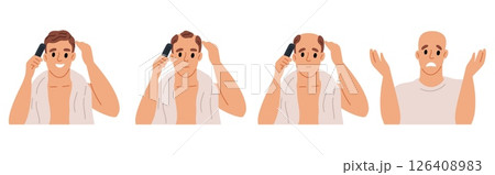 Baldness stages. Hair loss process. Bald man head. Human balding. Hairless male. Trichology disease symptoms progress. Hairstyle density. Haircut or calvity. Vector alopecia concept Baldness stages. Hair loss process. Bald man head. Human balding. Hairless male. Trichology disease symptoms progress. Hairstyle density. Haircut or calvity. Vector alopecia concept 126408983