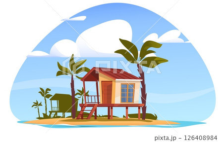 Beach hut. House by sea. Oceanfront vacation bungalow. Tropical island with cottage and palms. Seashore building. Summertime travel in Hawaii. Nature landscape. Vector paradise scenery 126408984