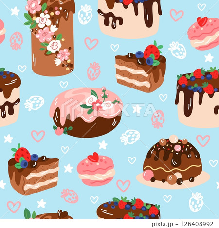 Celebration pies. Holiday pastry seamless pattern. Sweet fruit cakes with berry cream and chocolate glaze. Birthday food. Repeated print. Delicious confectionery. Vector background 126408992