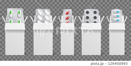 Clean white medicine boxes with medical tablets. 3D pills in blisters. Drugs container mockup. Pharmaceutical realistic packaging. Medication and supplement capsules. Vector packages set 126408993