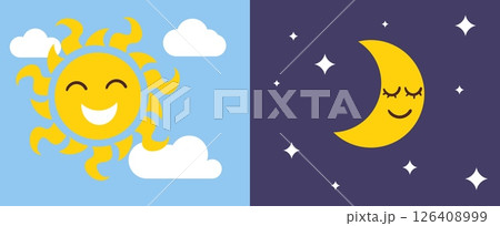 Day and night. Cartoon sun in blue sky. Moon and night stars. Sleeping crescent. Daytime sunlight. Midnight dream. Awaking sunshine. Sunny smile. Nighttime cute moonlight. Vector concept 126408999