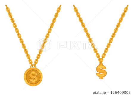 Dollar sign in round medallion on large gold chain. Luxury accessory. Rap and hip hop fashion. Precious metal necklace. Jewel bracelet with currency icon. Vector golden jewelries set 126409002