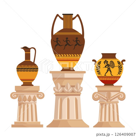 Greek vases stand on pedestal columns in antique museum. Ancient ceramic jugs. Artifact urns. Marble stone pillars. Antiquity exhibition. Ornate painting. Vector historical amphoras set 126409007