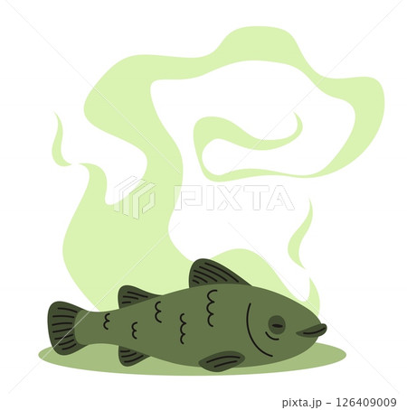 Green stinky toxic bad smell of dead not fresh fish. Spoiled food. Organic garbage. Unpleasant odor. Water pollution. Rotten animal. Moldy seafood product. Smelly trash. Vector concept 126409009