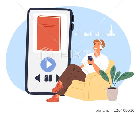 Guy in headphones sitting in soft chair and listening to interesting audiobook. Online library application. Man with headset and smartphone. Phone screen. Smart studying. Vector concept Guy in headphones sitting in soft chair and listening to interesting audiobook. Online library application. Man with headset and smartphone. Phone screen. Smart studying. Vector concept 126409010
