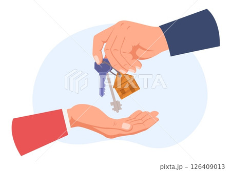 Hand giving house keys to other arm. Home rent or building purchase. Real estate buying. Property keychain holding. Loan or mortgage apartment. Buyer and seller agreement. Vector concept 126409013