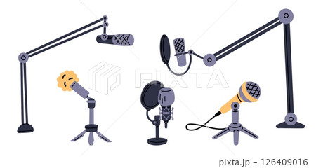 Microphones for conducting sound recordings or hosting podcasts. Multimedia mike for broadcast. Radio mic at holder. Live streaming interview. Media sound studio. Audio equipment vector set 126409016