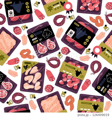 Packaged meat products seamless pattern. Food packaging. Plastic tray with sausages or beef fillets. Butcher shop. Wrapping containers. Pork steak. Repeated print. Vector background 126409019