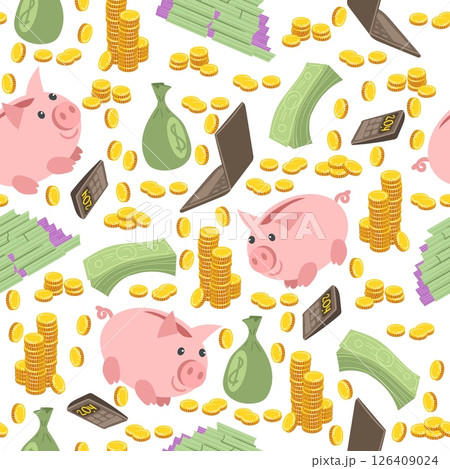 Piggy bank. Scattered gold coins and paper bills seamless pattern. Cash bag and moneybox. Billionaire wealth. Repeated print. Banking investment. Deposit savings. Vector background 126409024