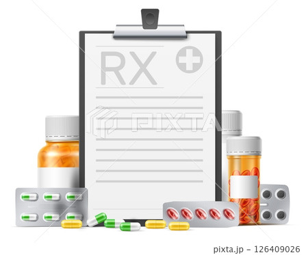 Realistic tablet with prescription. 3D medicine vial and medicament pills. RX document at clipboard. Pharmaceutical recipe. Meds blister. Drug bottle. Medical pharmacy vector concept 126409026