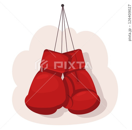 Red boxing gloves hang on wall. Sport mittens hanging on lanyard. Kickboxing training. Athletic equipment. Boxer accessory. MMA competition. Fighter sportswear. Hand fist. Vector concept 126409027