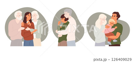 Souls deceased family support relatives left orphaned by death. People experience grief and loss. Hugging ghost. Dead parent memory. Child and father embrace mother spirit. Vector concept 126409029