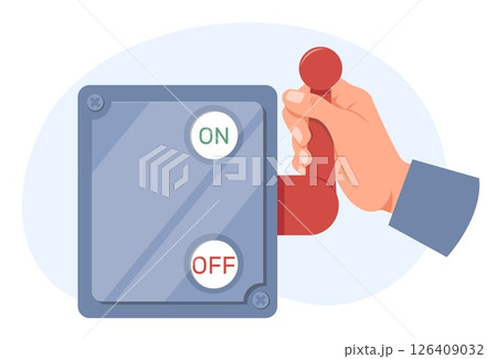 Switching on electric lever switch. Electricity supplying. Electric power turn on toggle. Technology regulator. Electrical voltage start turner. Equipment console panel. Vector concept Switching on electric lever switch. Electricity supplying. Electric power turn on toggle. Technology regulator. Electrical voltage start turner. Equipment console panel. Vector concept 126409032