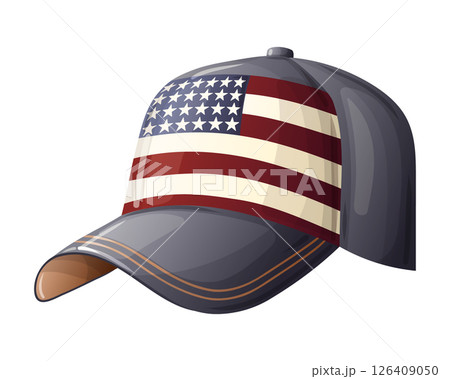 Cap patriotic vector illustration with American flag in cartoon style. Baseball hat graphic design with star and strips for 4th july party. Perfect for Independence day template and tshirt design. Cap patriotic vector illustration with American flag in cartoon style. Baseball hat graphic design with star and strips for 4th july party. Perfect for Independence day template and tshirt design. 126409050