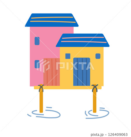 Beach shack house, bungalow. Summer cartoon island building, straw roof, exotic vacation camping. Beach shack seashore 126409063