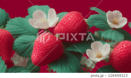 Vibrant Strawberry and Floral Pattern on Red Background 126409323