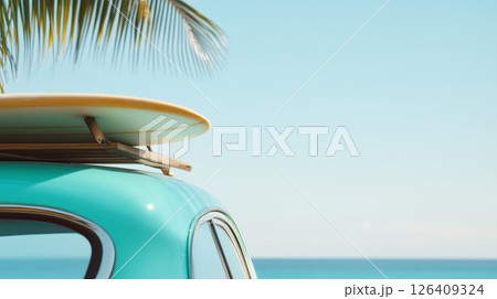 Vintage car parked on tropical beach. 126409324