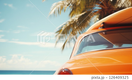 Vintage car parked on tropical beach. 126409325